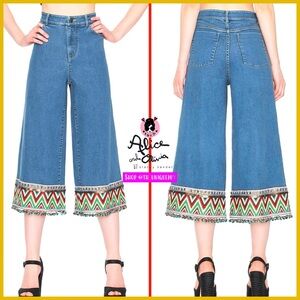 Alice + Olivia Beta Wide Leg Embroidered Gaucho Denim Jeans Pant